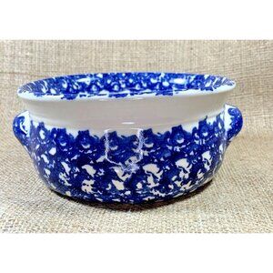 Blue Pottery Serving Bowl with Handles Sponge Painted 5" Diameter Signed